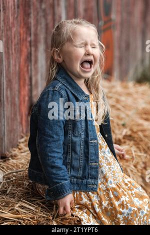 Mädchen, das auf einem Heuballen sitzt, schreiend Stockfoto