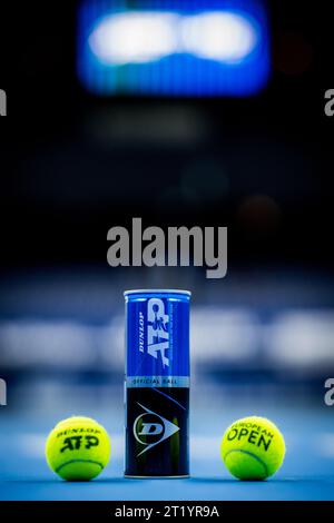 Antwerpen, Belgien. Oktober 2023. Die Abbildung zeigt die offiziellen Dunlop ATP-Spielbälle des European Open Tennis ATP Turniers in Antwerpen, Montag, den 16. Oktober 2023. BELGA FOTO JASPER JACOBS Credit: Belga News Agency/Alamy Live News Stockfoto