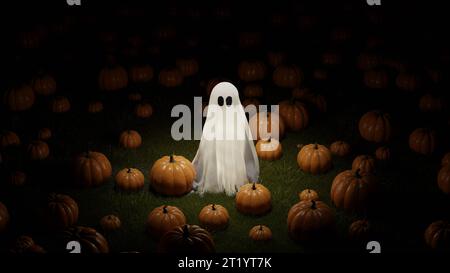 Geist auf dem Feld der Kürbisse in der Nacht, Halloween. Leuchtendes Geisterblatt. 3D-Rendering Stockfoto