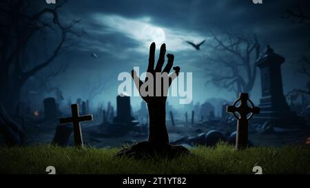 Hand der auferstandenen Toten aus dem Grab auf dem Friedhof, Halloween Grabkreuze, Zombies in der Nacht. 3D-Rendering Stockfoto