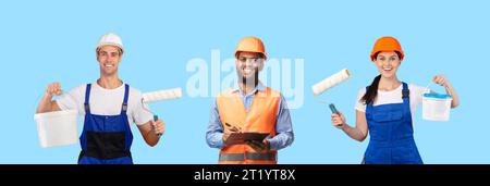 Berufskonzept. Gruppe Von Bauarbeitern Und Ingenieuren In Hard Hat Stockfoto