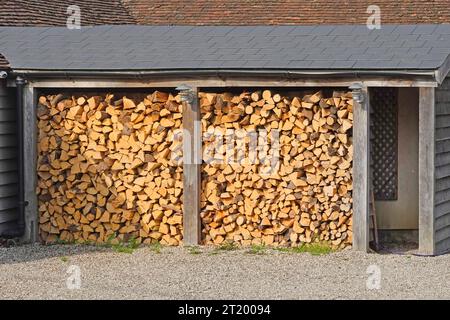 Schlanke bis geschützte Struktur und Dachschräge zum Schneiden von Holzstämmen, die im Freien gelagert werden, um im Winter offene Brände in Innenräumen im Gasthaus Essex England Großbritannien zu verhindern Stockfoto