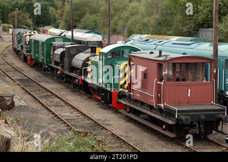 Erhaltene Dampf- und Diesel-Rangierlokomotiven und rollendes Material in Barrow Hill Roundhouse, Großbritannien. Stockfoto