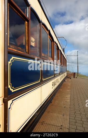 Snaefell Mountain Railway Straßenbahn am Bahnhof Snaefell, Isle of man. Stockfoto