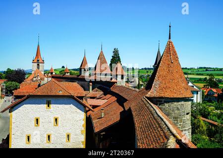 Wallmauer von Murten/Morat, Kanton Freiburg, Schweiz. Stockfoto