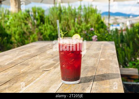 Frischer hausgemachter Maulbeereistee mit Rosmarin und Zitrone, serviert auf Holztisch im Freien. Sommer kaltes Obstgetränk am sonnigen Nachmittag mit grünem Garten Stockfoto