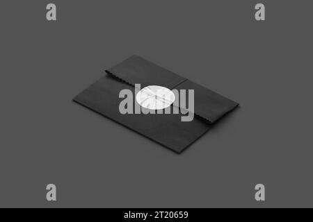 Leere schwarze rechteckige Papiertüte mit Aufklebermodell, dunkler Hintergrund, 3D-Rendering. Leerer klebender Papierkorb für Postversand, Seitenansicht. Löschen Sie t Stockfoto
