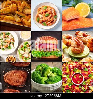 Food Collage-Layout. Eine Auswahl an Gerichten, eine Sammlung für ein Restaurant-Banner. Internationale Küche. Burger, Salat und Teller mit italienischen, mexikanischen und amerikanischen Gerichten Stockfoto