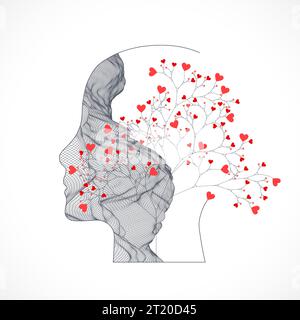 Der menschliche Kopf ist im Stil eines Drahtmodells mit Blumen gefertigt. Stock Vektor