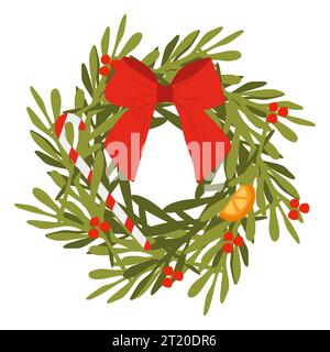 Weihnachtskranz flache Art Vektor-Illustration isoliert auf weißem Hintergrund. Dekoratives Cartoon Design Element, Weihnachtsdekoration mit Schleife, C Stock Vektor