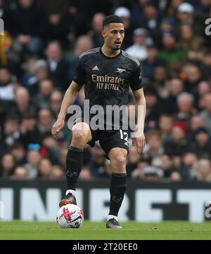 William Saliba von Arsenal. - Fulham gegen Arsenal, Premier League, Craven Cottage Stadium, London, UK - 12. März 2023. Nur redaktionelle Verwendung – es gelten Einschränkungen für DataCo. Stockfoto