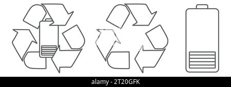 Schild für Batterie, Ladezustand, niedrige Ladekapazität, Warnung und Recycling. Symbole gesetzt. Linienvektor auf weißem Hintergrund isoliert. Erdöl- und Recyclingkonzept. Lineare Ve Stock Vektor