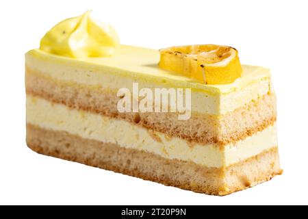 Zitronenkuchen. Zitronenscheiben-Kuchen isoliert auf weißem Hintergrund. Nahaufnahme Stockfoto