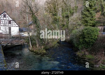 Blautopfsee in Blaubeuren mit Nebenfluss und alter Holzbrücke Stockfoto