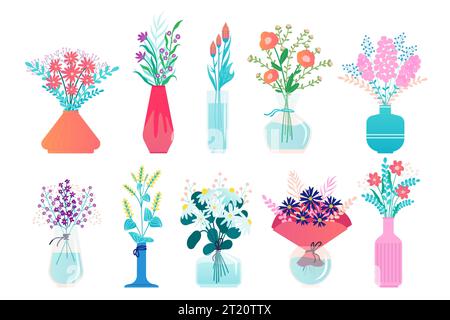 Blumen in Vase. Blumenstrauß im Töpferkrug, Lilienstrauß, blühende Frühlingsblumen in dekorativer Vase. Vektor-isolierter Satz Stock Vektor