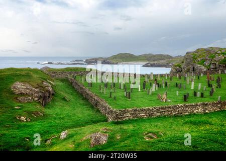 Bosta Beach ist ein schöner weißer Sandstrand auf der Insel Great Bernera, vor der Westküste der Isle of Lewis in Schottland. Stockfoto