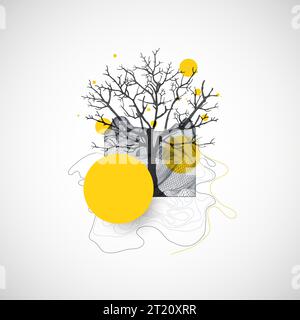 Kunstkonzept. Abstrakte Bergformen mit der Silhouette eines Baumes. Stock Vektor