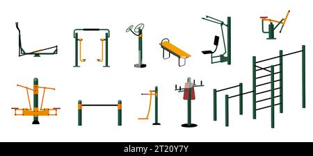 Konstrukteur für Straßentraining. Cartoon City Zone mit Fitnessgeräten, Outdoor Workout Bereich mit roten Fitnessgeräten flach Stil. Vektorabbildung Stock Vektor