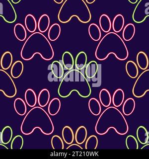 Bright Neon Dog Pawprints nahtloses Muster, leuchtendes Desktop-Symbol, Neon-Aufkleber, Neon-Figur, leuchtende Figur, geometrische Neon-Figuren Stockfoto