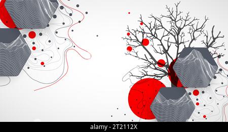 Kunstkonzept. Abstrakte Bergformen mit der Silhouette eines Baumes. Stock Vektor