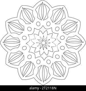 Single Mandala Schwarz und weiß - Blume Natur, Laub, Blätter, Energie Rad Kreis Komplex Symbol abstrakte Dekoration Färbung Seite Stock Vektor