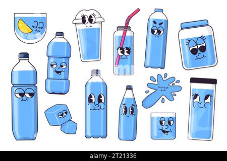 Wassermaskottchen. Cartoon Drink Water Concept mit umweltfreundlichen Wasserflaschenfiguren, Zero-Abwasser-Kanne, Detox Naturgetränk, gesundes Getränk Stock Vektor