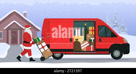Der Weihnachtsmann liefert Weihnachtsgeschenke und lädt die Kisten in einen Van Stock Vektor