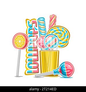 Vektor-Illustration von Lutscher, dekoratives Poster mit Zeichentrickdesign des bunten Lutscher Stilllebens, süßer Druck mit wirbelnden Süßigkeiten in gelbem tra Stock Vektor