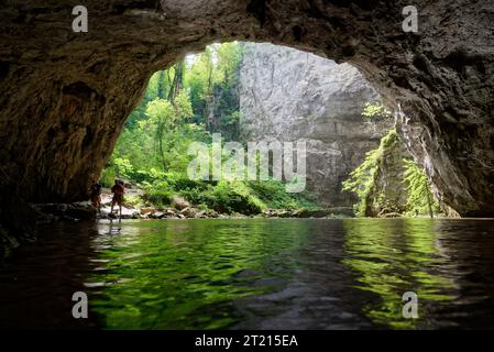 Ein abgewinkelter Blick aus dem Inneren einer Höhle mit Blick auf eine üppige Waldlandschaft mit grünen Bäumen Stockfoto