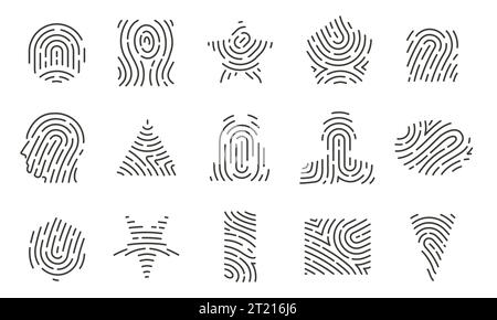 Fingerabdruckformen. Minimalistische kreisförmige Fingerabdrucksymbole, Fingerabdruck und Irisscan, ID-Karte und Sicherheitsschutz. Vektor-isolierter Satz Stock Vektor