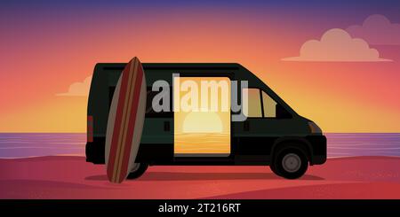 Van Life: Minibus und Surfbrett am Strand bei Sonnenuntergang Stock Vektor