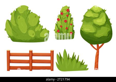 Stellen Sie den grünen Buschwald oder die Gartenpflanze mit Blättern, Bäumen, Holzzaun im Zeichentrickstil isoliert auf weißem Boden ein. Spieldekoration, Clip-Art. Vektorabbildung Stock Vektor