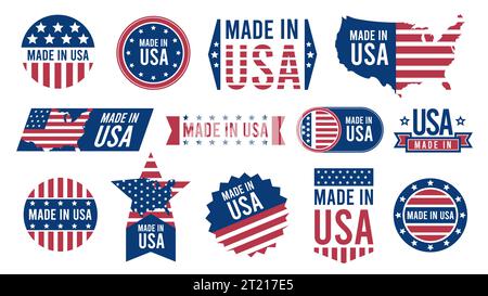 „Made in USA“-Etiketten. Patriotische Aufkleber im Retro-Stil mit nationalen amerikanischen Flaggenstreifen, nationalem Landkartenemblem, inländischer Produktqualität Stock Vektor