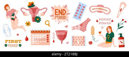 Eingestellte Menstruationsperioden. Feminine Zyklussymbole für Papierservietten, Wattepads und Hygieneprodukte. Vektorsatz für reproduktive Gesundheit der Frau Stock Vektor