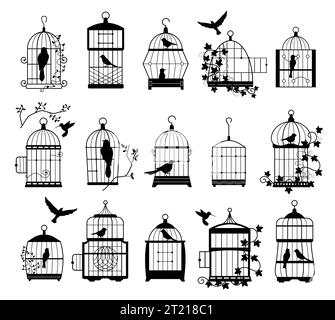 Vogelkäfige mit Vogelsilhouetten. Schwarze Wandaufkleber mit fliegenden Vögeln in Käfigen, minimalistische dekorative Kunst für den Innenraum. Vektor-isolierte Sammlung Stock Vektor