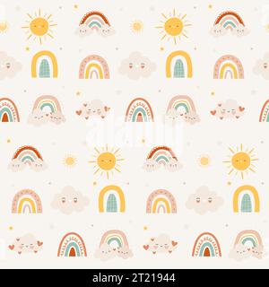 Niedliches Regenbogenmuster. Nahtloser Druck aus kindlichen abstrakten Happy-Elementen, Hintergrund für Kinder zum Einpacken von Papiertextilien. Vektortextur Stock Vektor