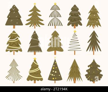 Weihnachtsbäume Kollektion. weihnachtsbaum in Zeichentrick mit Geschenken und Spielzeug, bunte Tannenbäume mit Ornamenten. Vektorsatz Stock Vektor