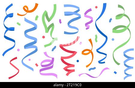 Set mit Konfetti-Bändern. Farbenfrohe Dekorationselemente, glänzende Lametta-Streamer mit Glitzer, Elemente für Partyfeiern. Vektor isoliert Stock Vektor