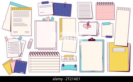 Notizen und Papierstationär. Doodle-Notizblatt mit Haftnotiz, Memo- und Aufgabenplaner-Objekten. Vektor-Blanko-Notizpapierset Stock Vektor