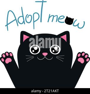 Niedliche schwarze Katze isoliert auf weißem Hintergrund mit Hand gezeichnetem Satz adoptieren Meau. Setzen Sie ein Haustier-Konzept ein. Vektorabbildung Stock Vektor