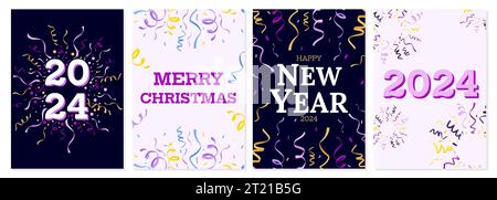 Konfetti- und Girlanden-Poster-Set. Moderne Minimal-Poster mit funkelnder Weihnachtsdekoration, minimales Banner mit Elementen für weihnachtsfeiern. Vektor Stock Vektor