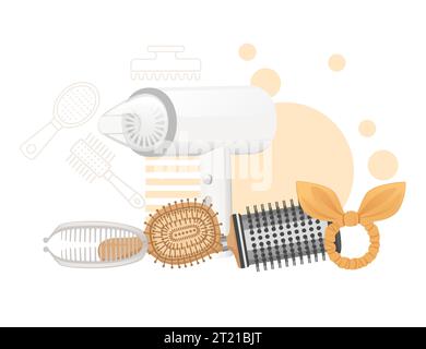 Gelbe Farbe Stil Haarbürste für Haarpflege Kunststoff Mode Kamm und Haartrockner Vektor Illustration isoliert auf weißem Hintergrund Stock Vektor