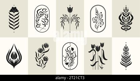 Abstraktes zeitgenössisches Set mit Blumenmuster. Botanische Elemente mit Blättern und Blüten, blumige Naturkomposition für Tapetendesign. Vektor Stock Vektor
