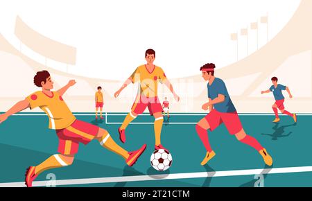 Fußballszene. Comic-Spieler im Wettbewerb, angespannte Gruppenkämpfe dynamische Panoramasicht auf Spieler im Spiel. Vektor-Panoramabildmachung Stock Vektor