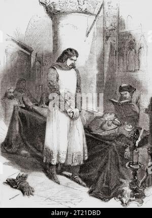 Richard Löwenherz neben der Leiche seines Vaters Heinrich II. Von England, 1189. Richard I., 1157–1199, alias Richard Löwenherz und Richard Coeur de Lion. König von England. Aus Cassells Illustrated History of England, veröffentlicht 1857. Stockfoto