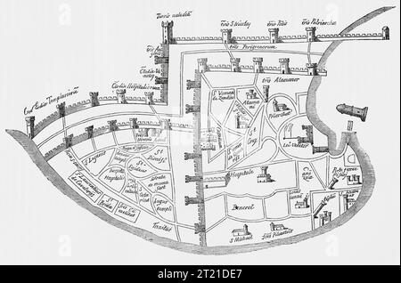 Plan der Stadt Akkon, Israel, im 14. Jahrhundert, nach einer Zeichnung von Martino Sanuto im 21. Band der Archäologie. Aus Cassells Illustrated History of England, veröffentlicht 1857. Stockfoto