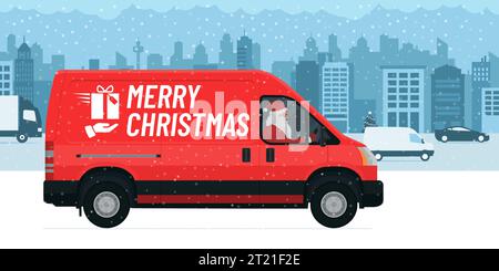 Der Weihnachtsmann fährt einen Van auf der Straße der Stadt und liefert Geschenke, Weihnachtswünsche Stock Vektor