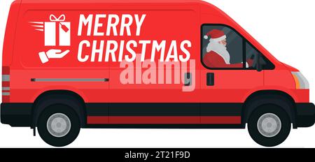 Weihnachtsmann fährt einen Kurierbus und liefert Geschenke, Weihnachtswünsche, isoliert Stock Vektor