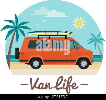 Van Life: Minibus mit Surfbrettern am Strand, isolierter Aufkleber Stock Vektor