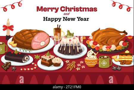 Weihnachtsgerichte auf dem Tisch. Traditionelles Cartoon-Menü im Winter mit gebratenem putenschwein und Gemüse, süßem Feiertagsdessert. Vektorabbildung Stock Vektor
